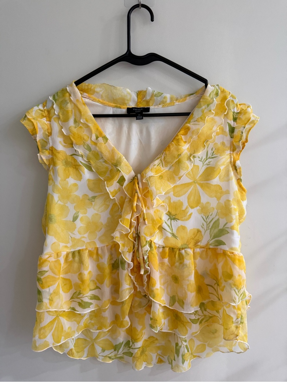 Yellow Floral Ruffle Tie-Front Blouse with Green Leaf Accents